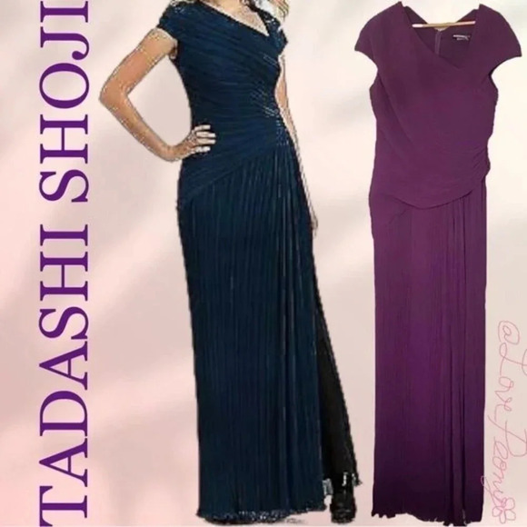 TADASHI SHOJI Pleated Chiffon Gown in Purple Size 16 - Picture 1 of 8